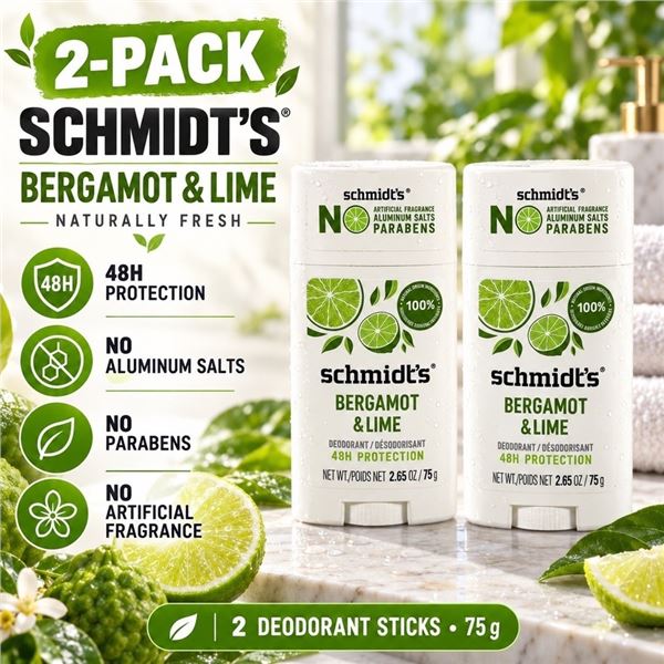 2 SCHMIDT'S BERGAMOT & LIME DEODORANTS 75G