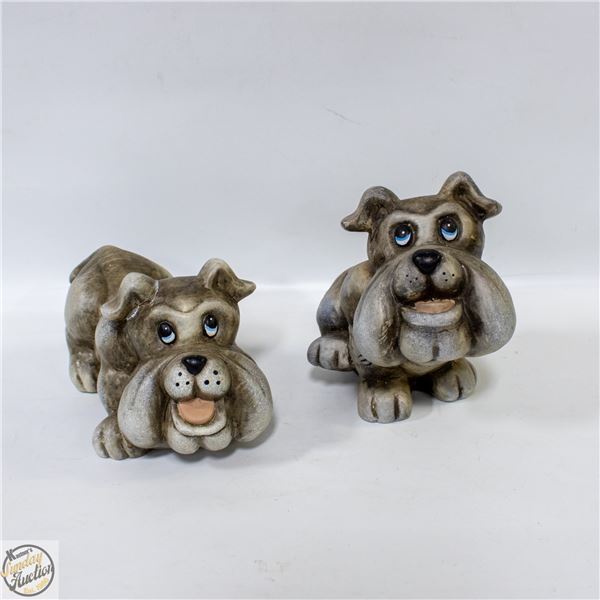 2 VINTAGE CHARMING BULLDOGS CERAMIC BLUE EYES L-7"