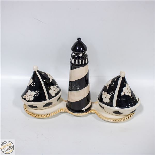 LIGHTHOUSE AND BOAT SALT AND PEPPER SHAKER