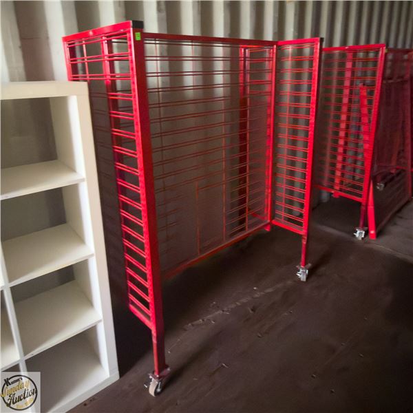 RED POWDER COATED MOBILE WIRE RACK WITH CASTORS