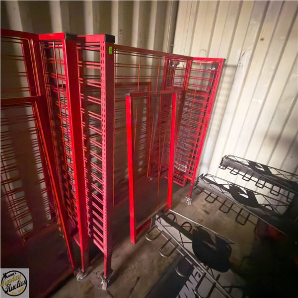 RED POWDER COATED MOBILE WIRE RACK WITH CASTORS