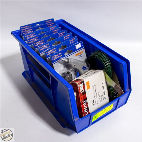 BIN OF HOT GLUE GUNS AND CRAFTING STUFF