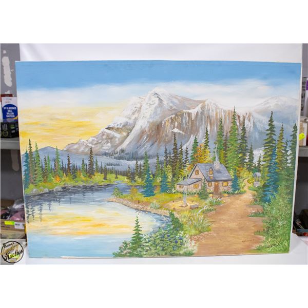 VINTAGE OIL PAINTING CABIN AT LAKE MOUNTIAN