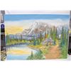 Image 1 : VINTAGE OIL PAINTING CABIN AT LAKE MOUNTIAN