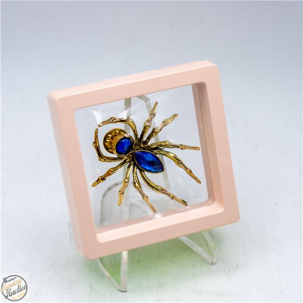 NEW SPIDER BROOCH GOLD TONE AND BLUE