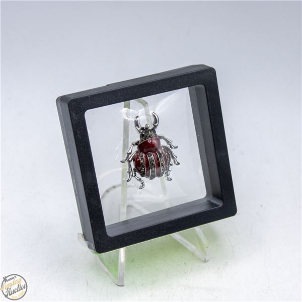 NEW BEETLE BROOCH SILVER ACCENT MAROON