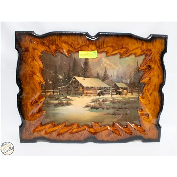 VINTAGE WESTERN LANDSCAPE HAND CARVED WOODEN FRAME