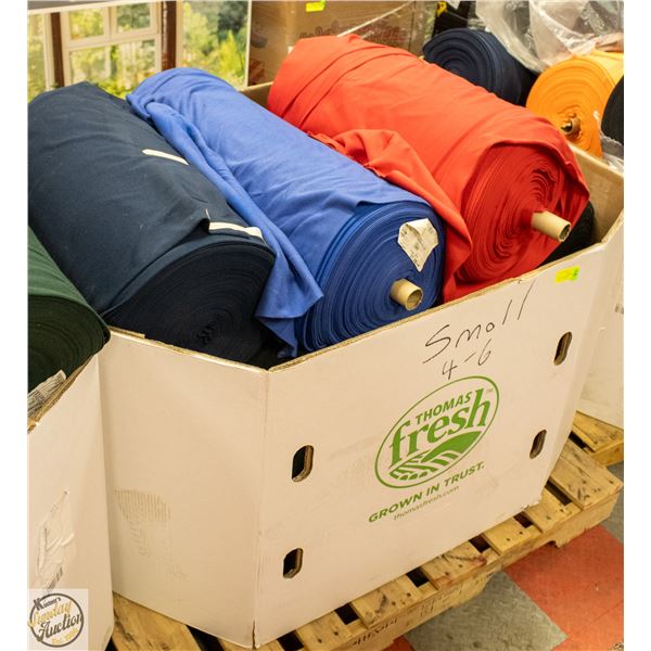PALLET FILLED WITH VARIOUS ROLLS OF FABRIC