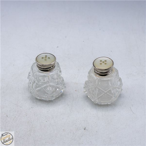 PAIR OF CRYSTAL W/STERLING SILVER TOPS SALT+PEPPER