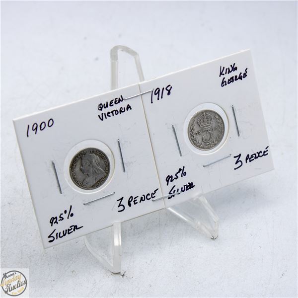 LOT OF 2 - 92.5% SILVER 3 PENSE COINS