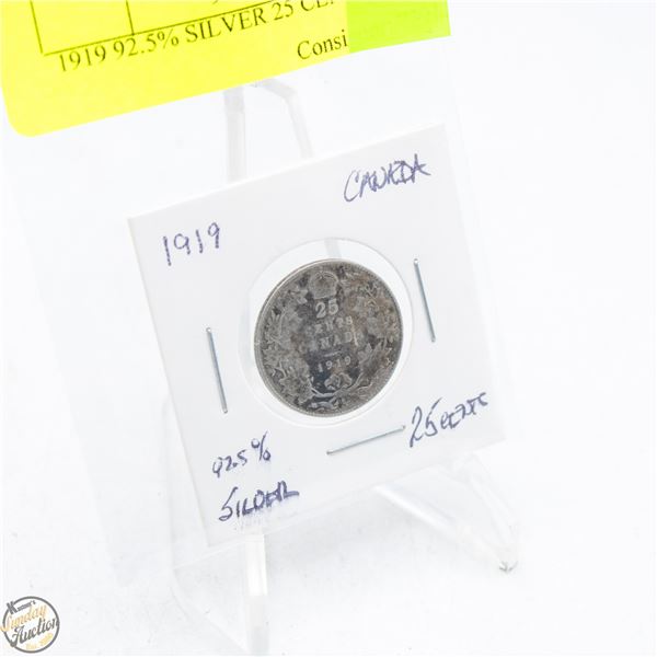 1919 92.5% SILVER 25 CENTS