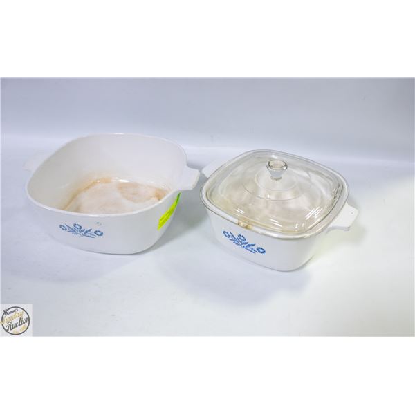A PAIR OF CORNING WARE BLUE CORNFLOWER CASSEROLE