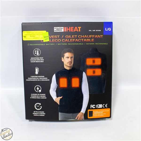 NEW 32 HEAT RECHARGEABLE HEATED VEST, SIZE LARGE
