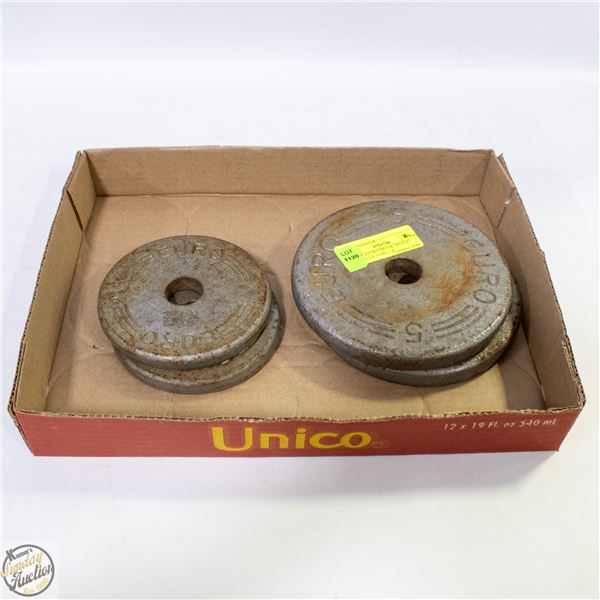 SET OF 4 EURO METAL WEIGHT PLATES 2 X 5 LBS, 2 X