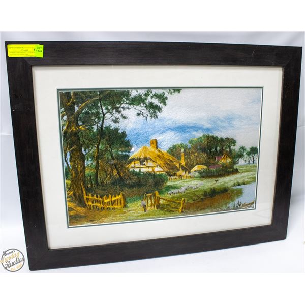 FRAMED METALLIC ART ENGLISH COTTAGE LANDSCAPE