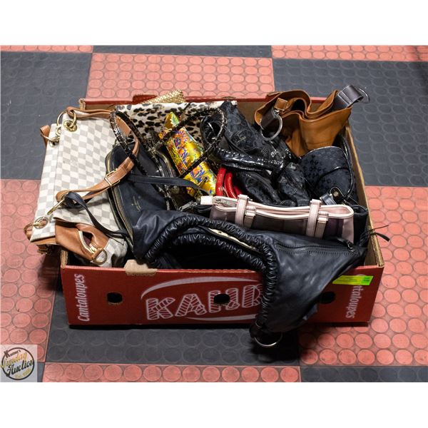 LARGE BOX OF PURSES MOST ARE REPLICAS