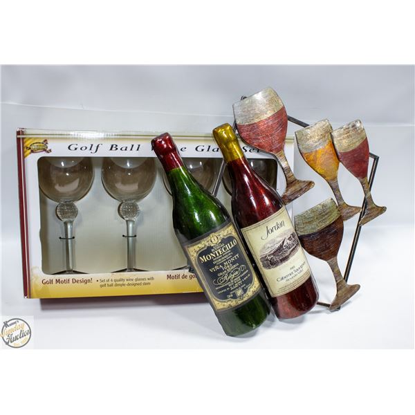 NEW SEALED GOLF BALL WINE GLASS SET WITH METAL