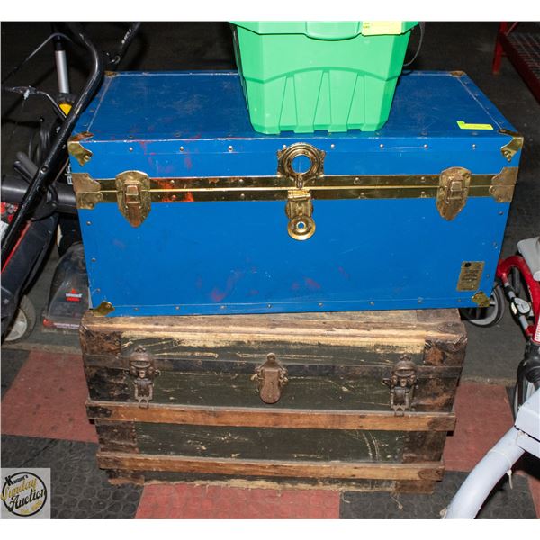 2 VINTAGE TRUNKS METAL W/SHELF + WOODEN TRUNK