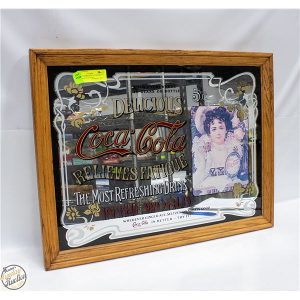 VINTAGE MIRRORED COCA COLA OAK FRAMED PICTURE