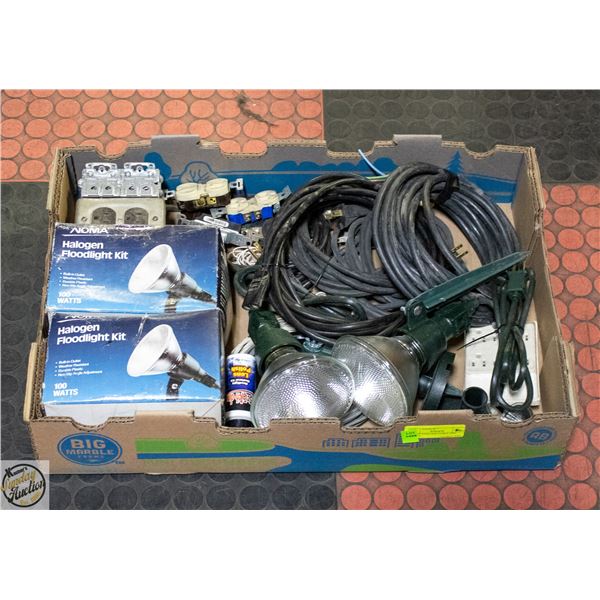 BOX OF ELECTRIC CABLE AND LIGHTS