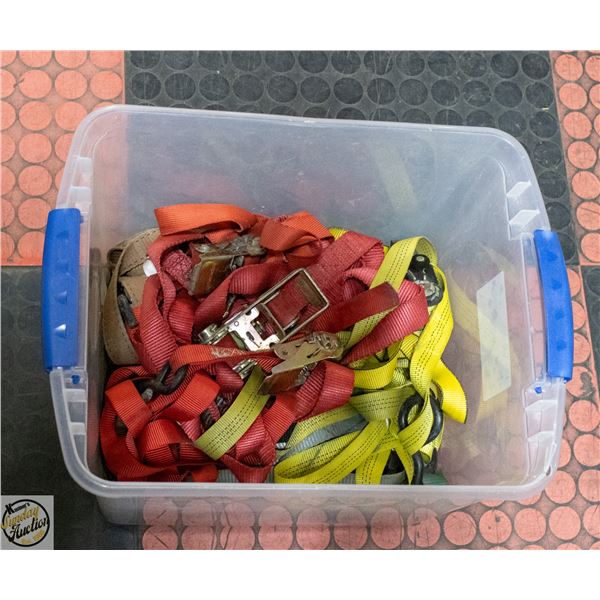 TUB FULL OF TIE DOWNS AND RATCHET STRAPS