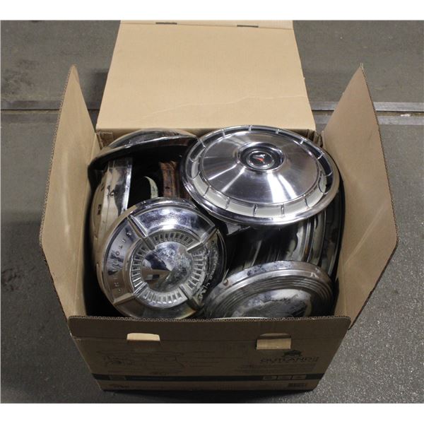 LARGE BOX OF 18 VINTAGE BRANDED HUB CAPS