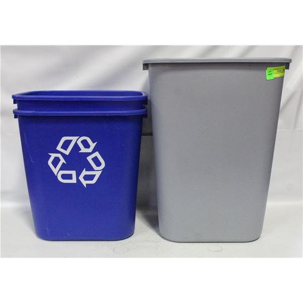 3 PLASTIC RECYCLE/TRASH CANS 2 SMALL