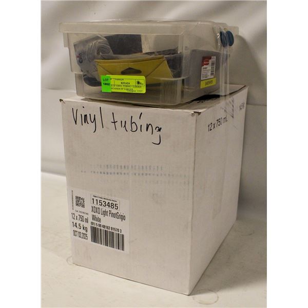 BOX OF VINYL TUBING + LIDDED CONTAINER OF VARIOUS