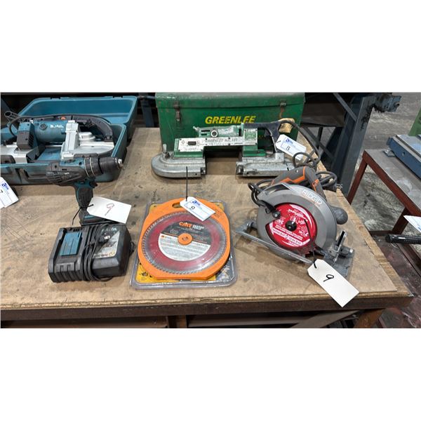 RIDGID R3205VN 7-1/4" ELECTRIC CIRCULAR SAW, ASSORTED BLADES, MAKITA DHP456 CORDLESS HAMMER DRIVER