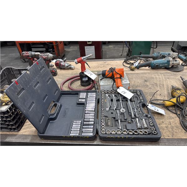 JET RIVETER, CERTIFIED HEAT GUN & MASTERCRAFT SOCKET AND WRENCH SET- MISSING A FEW PIECES