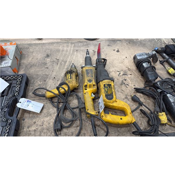 GROUP OF 3 DEWALT ELECTRIC POWER TOOLS- RECIPROCATING SAW, 2" DIE GRINDER & 3/8" VSR DRILL
