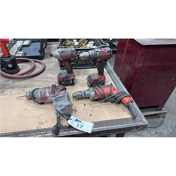 GROUP OF MILWAUKEE POWER TOOLS- 2 CORDLESS DRILLS WITH BATTERIES & 2 ELECTRIC DRILLS