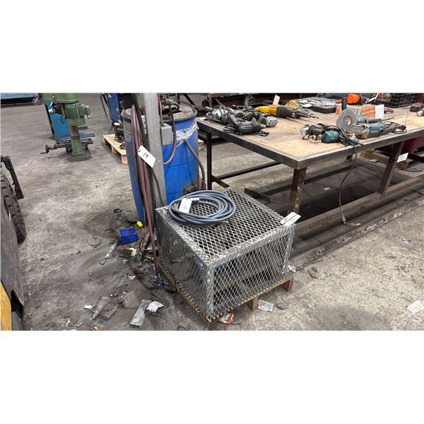SMALL 1/2HP AIR COMPRESSOR IN CAGE WITH 2 AIR LINES
