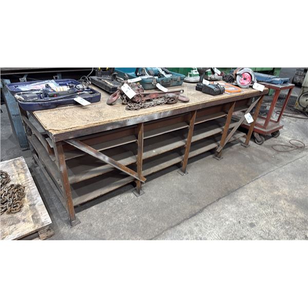 METAL FRAME WOOD TOP SHOP TABLE *CONTENTS NOT INCLUDED* MEASURES APPROX 96"L X 42"D X 31"H