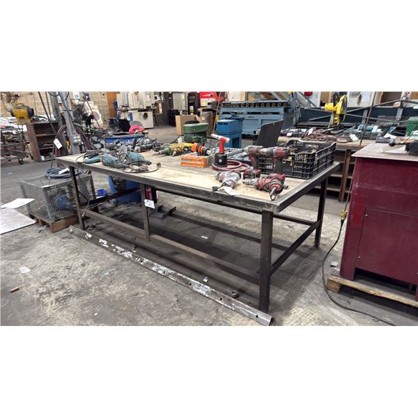 METAL FRAME WOOD TOP SHOP TABLE *CONTENTS NOT INCLUDED* MEASURES APPROX 97.5"L X 49"D X 32"H