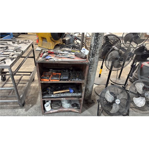 SMALL METAL SHELVING UNIT WITH ASSORTED TOOLS, BITS, WIRE, HARDWARE & MORE