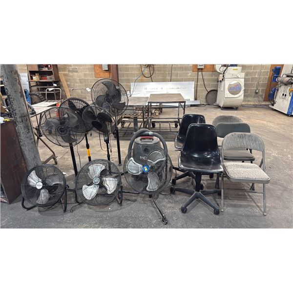 RIDGID SHOP VAC, 7 ASSORTED FANS & 5 CHAIRS