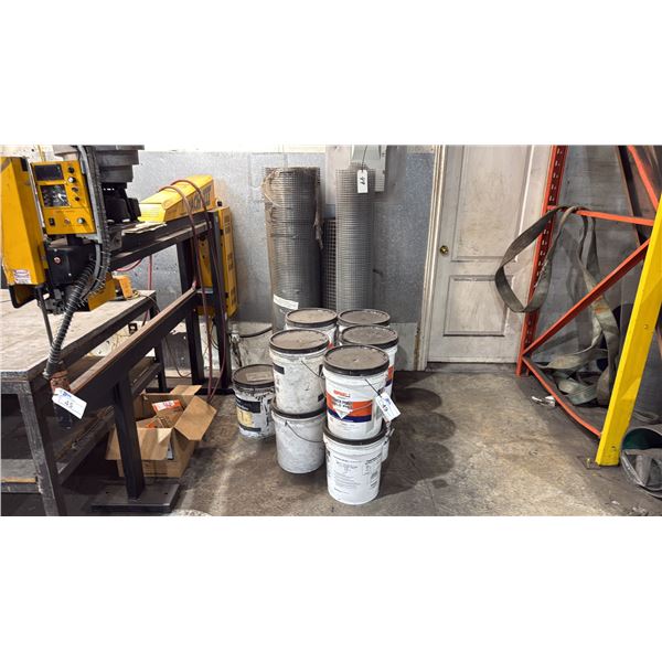 3 LARGE ROLLS OF WIRE MESH/FENCING MATERIAL & APPROX 11 LARGE PAILS OF WELD PINS/WELD-ONS