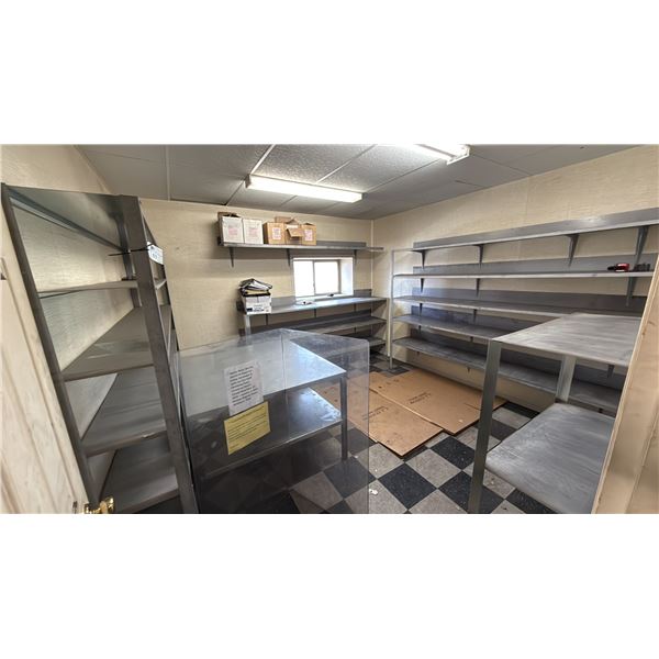 5 WALL MOUNT METAL SHELVING UNITS & METAL TABLE