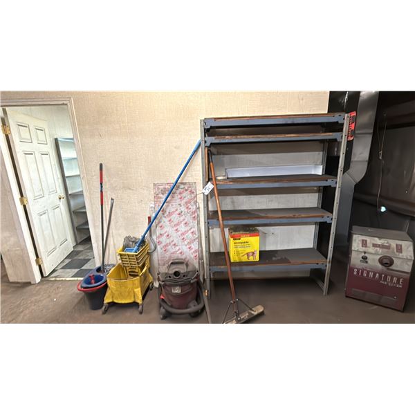 SHOP VAC, METAL SHELVING UNIT, MOPS, MOP BUCKETS, KITTY LITTER & BROOM