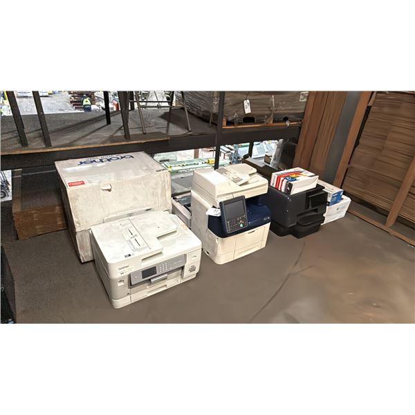 4 ASSORTED OFFICE PRINTERS & 4 CHAIRS