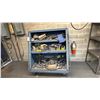 Image 1 : WOODEN MOBILE 2 DOOR STORAGE CABINET WITH ASSORTED SHOP CONTENTS