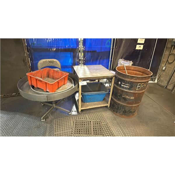 SMALL METAL MOBILE TABLE, ROUND METAL MOBILE SORTING TABLE, 2 CHAIRS, 2 PLASTIC BINS, METAL PAN &