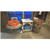 Image 1 : SMALL METAL MOBILE TABLE, ROUND METAL MOBILE SORTING TABLE, 2 CHAIRS, 2 PLASTIC BINS, METAL PAN &