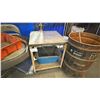 Image 3 : SMALL METAL MOBILE TABLE, ROUND METAL MOBILE SORTING TABLE, 2 CHAIRS, 2 PLASTIC BINS, METAL PAN &