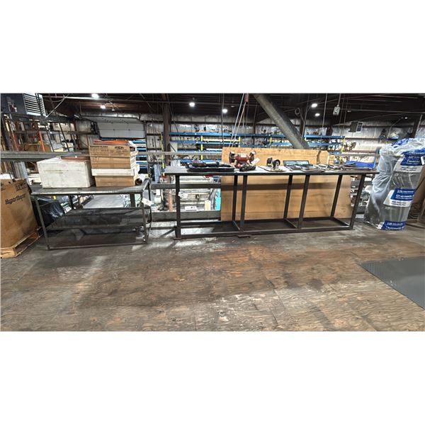 2 METAL SHOP TABLES *CONTENTS NOT INCLUDED* LONG TABLE MEASURES APPROX 10'L