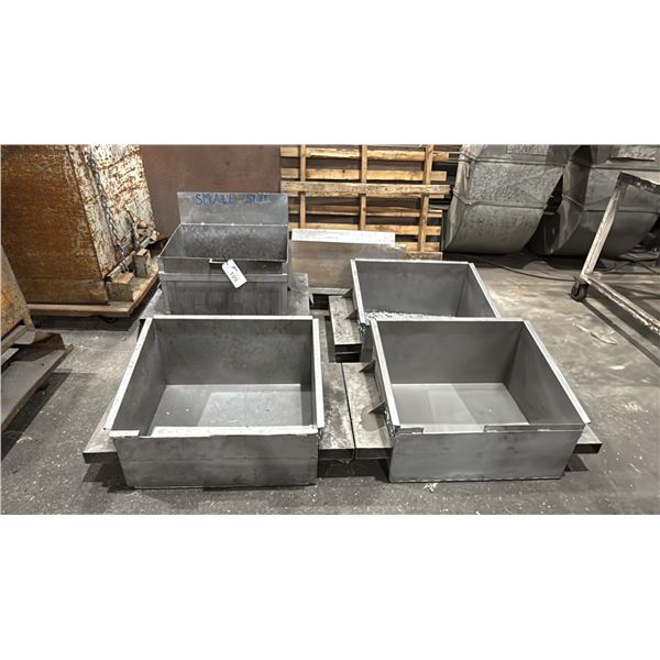 GROUP OF 4 METAL SCRAP BINS WITH FORKLIFT SLOTS & METAL CART