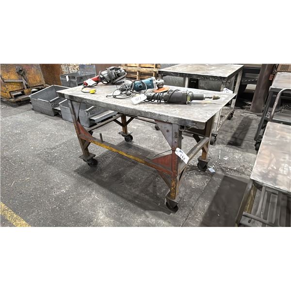 METAL MOBILE SHOP TABLE- MEASURES APPROX 60"L X 31"D X 35"H