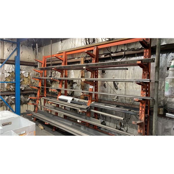 LARGE ORANGE ADJUSTABLE CANTILEVER MATERIAL STORAGE SYSTEM - MEASURES APPROX 13'L X 2.5'D X 7.5'H