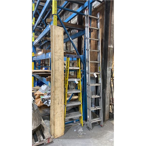 6' YELLOW FIBREGLASS LADDER, ALLRIGHT APPROX 20' EXTENSION LADDER & STACK OF WOODEN PLANKS